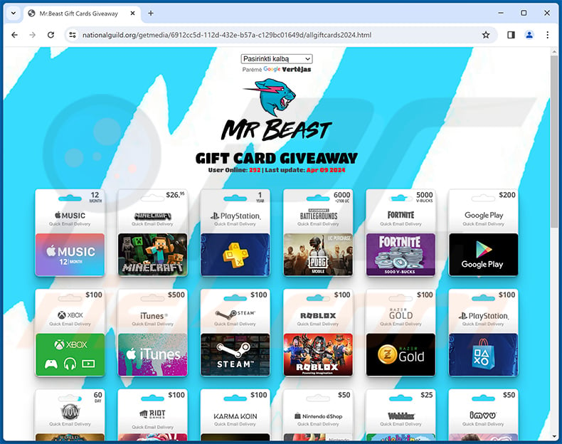 Mr Beast GIFT CARDS GIVEAWAY POP-UP Scam (2024-04-09)