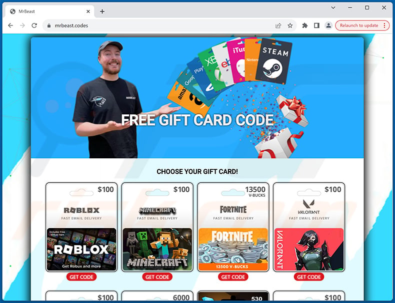 Mr Beast GIFT CARDS GIVEAWAY scam website - mrbeast[.]codes (2024-04-24)