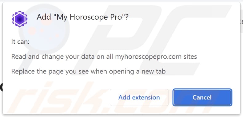 My Horoscope Pro browser hijacker asking for permissions