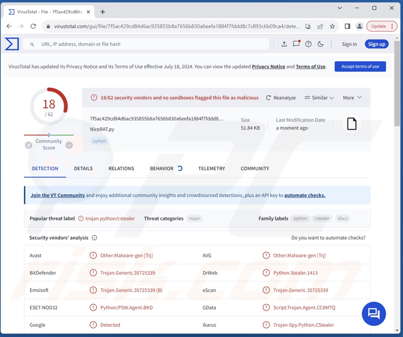 NiceRAT malware detections on VirusTotal