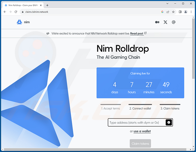 Nim Rolldrop-themed drainer website (claim.clalnim[.]network)