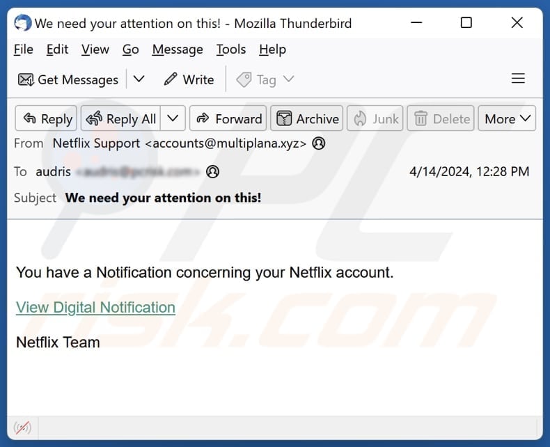 Notification Concerning Your Netflix Account email spam campaign