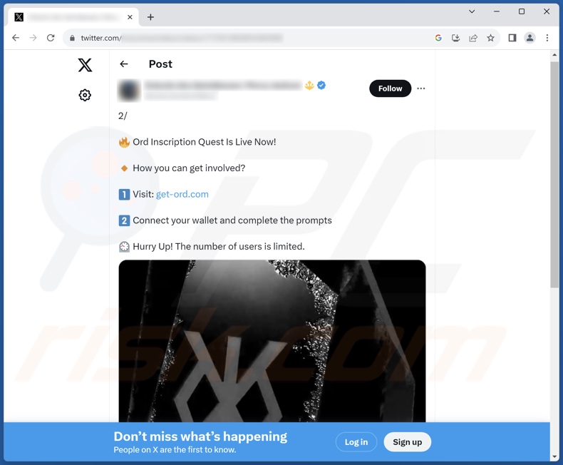 X (Twitter) post endorsing ORD INSCRIPTION QUEST scam