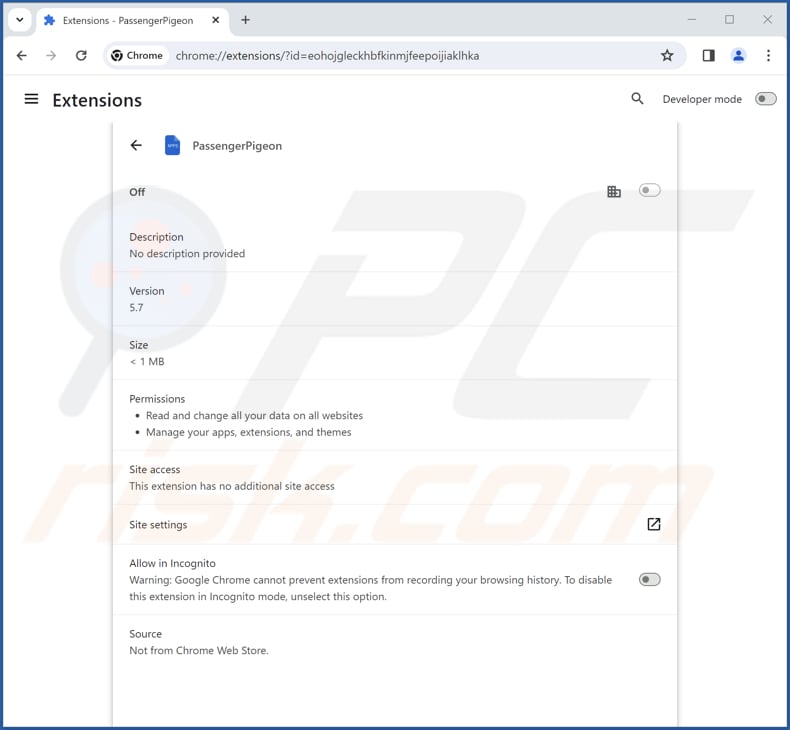 PassengerPigeon malicious extension app info