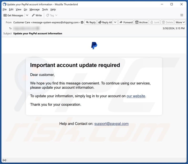 PayPal - Important Account Update Required email spam campaign