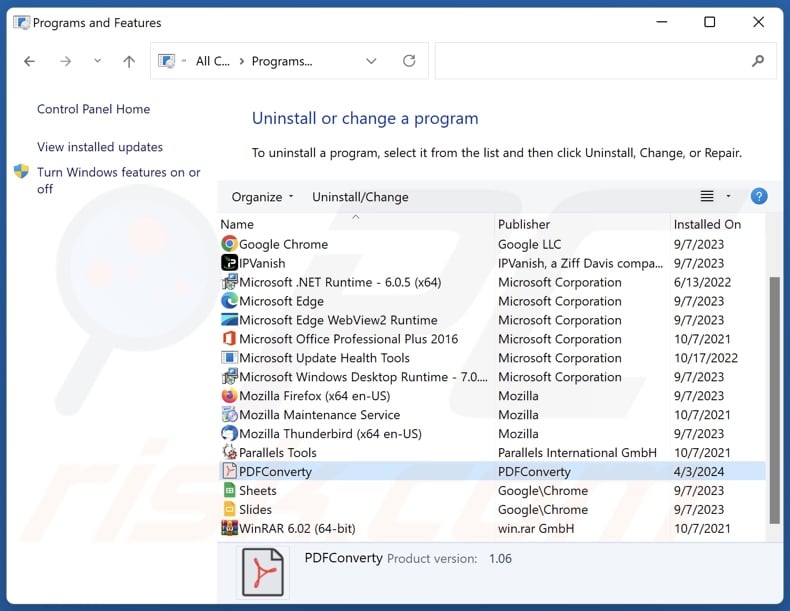 PDFConverty uninstall via Control Panel