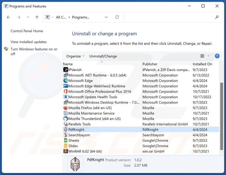 PdfKnight uninstall via Control Panel