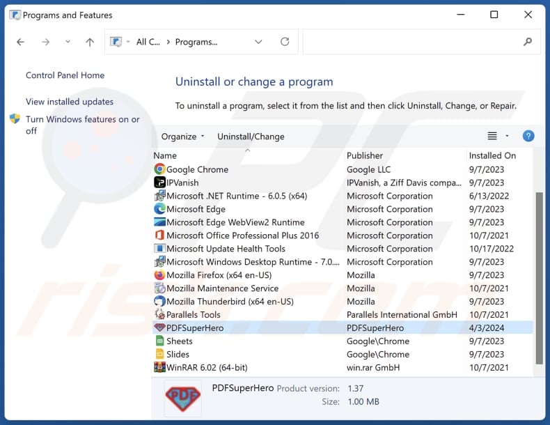 PDFSuperHero uninstall via Control Panel