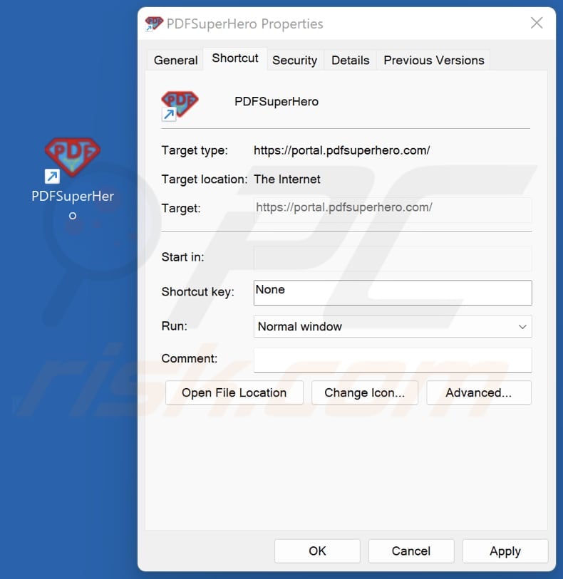 PDFSuperHero unwanted application shortcut file properties