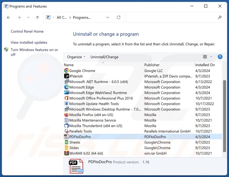 PDFtoDocPro uninstall via Control Panel