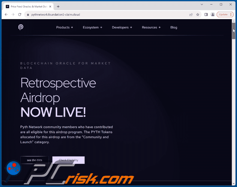 Appearance of PYTH Retrospective Airdrop scam (GIF)