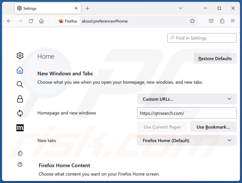 Removing qtrsearch.com from Mozilla Firefox homepage