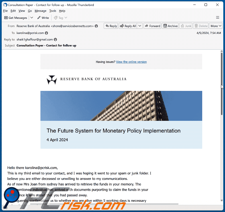 Reserve Bank of Australia email scam appearance