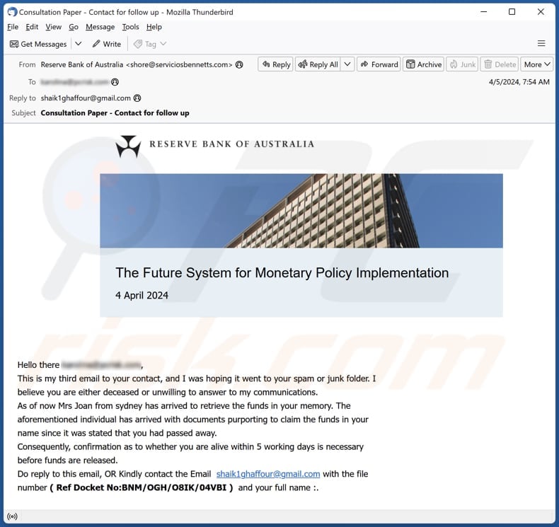 Reserve Bank of Australia email spam campaign