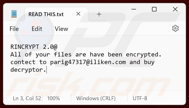 Rincrypt 2.0 ransomware text file (READ THIS.txt)
