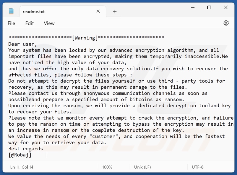 Robaj ransomware ransom note (readme.txt)