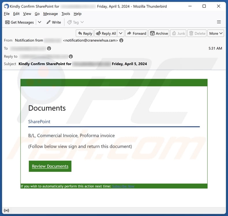 SharePoint Invoice email scam