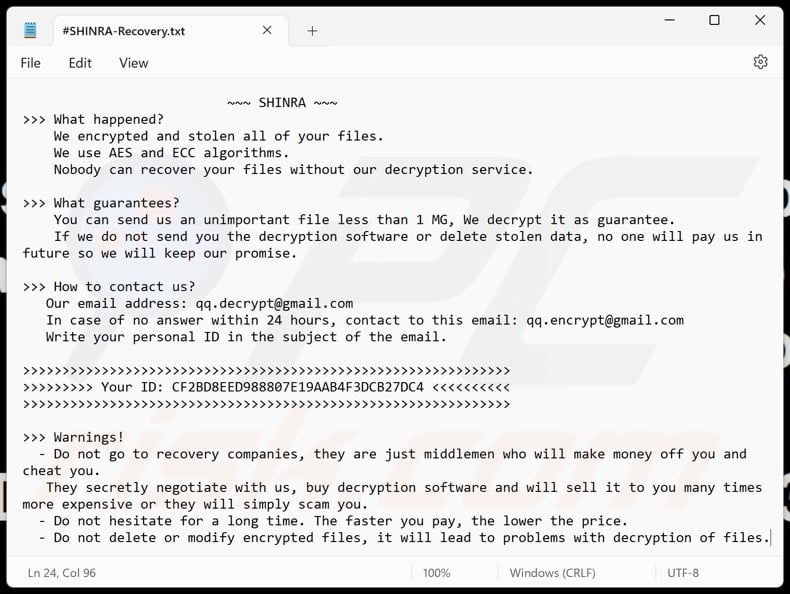SHINRA ransomware ransom note (#SHINRA-Recovery.txt)