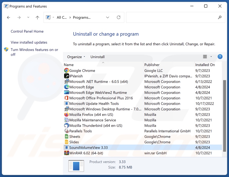 SoundVolumeView uninstall via Control Panel