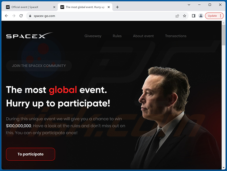 SpaceX-themed crypto giveaway website (spacex-go[.]com)