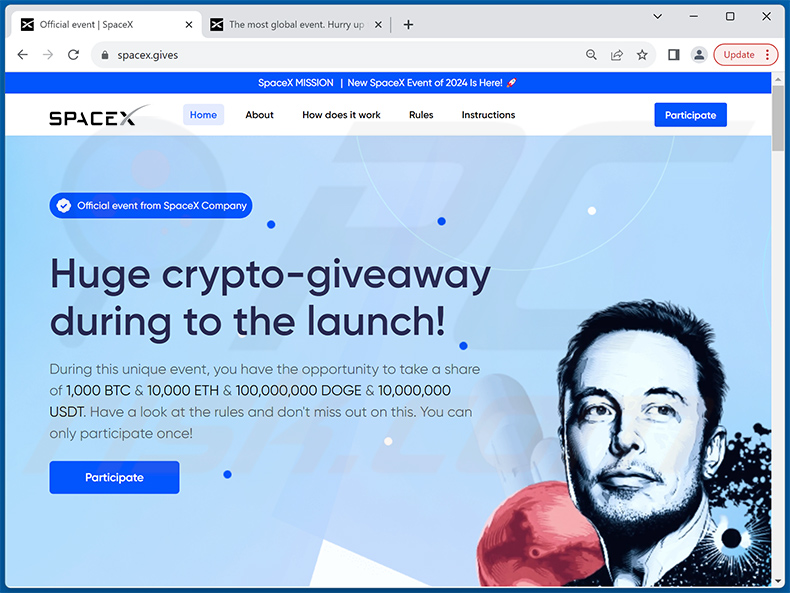 SpaceX-themed crypto giveaway website (spacex[.]gives)