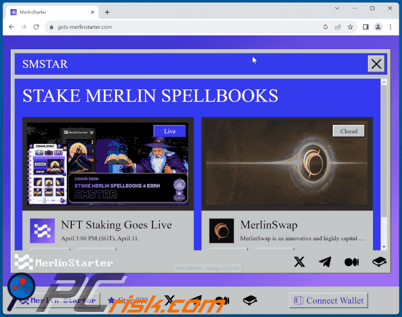 Appearance of STAKE MERLIN SPELLBOOKS scam (GIF)