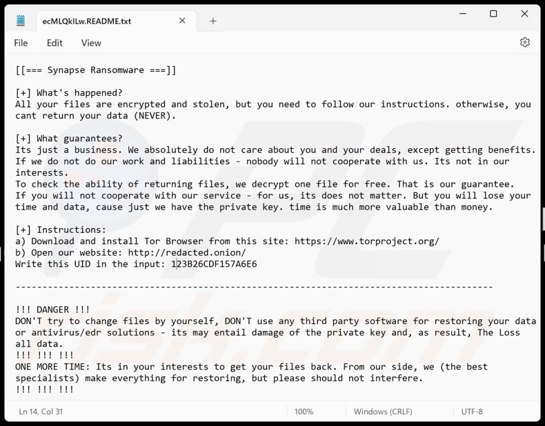 Synapse ransomware ransom note ([random_string].README.txt)