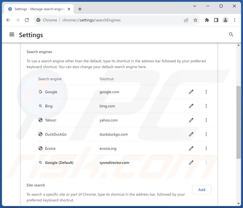 Removing sysredirector.com from Google Chrome default search engine