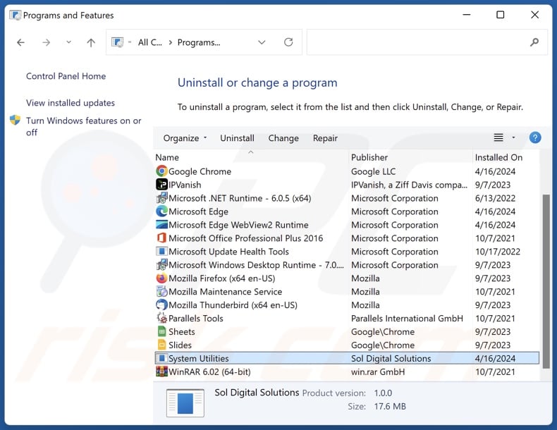 System Utilities uninstall via Control Panel