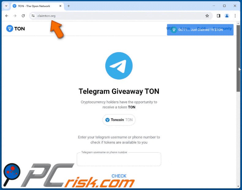 Appearance of Telegram Giveaway TON scam