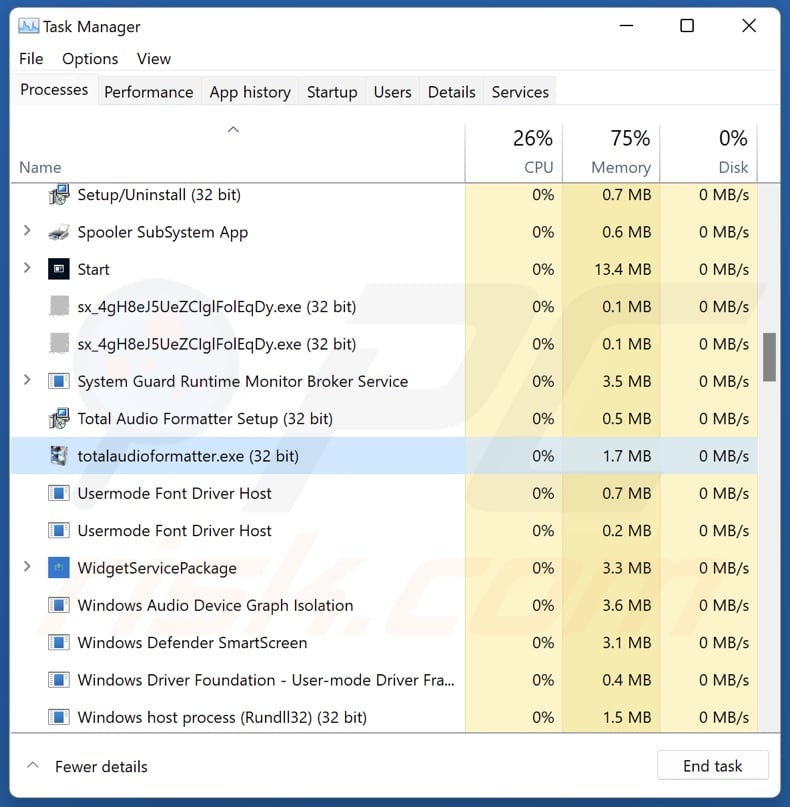 Total Audio Formatter PUA process on Task Manager (totalaudioformatter.exe - process name)