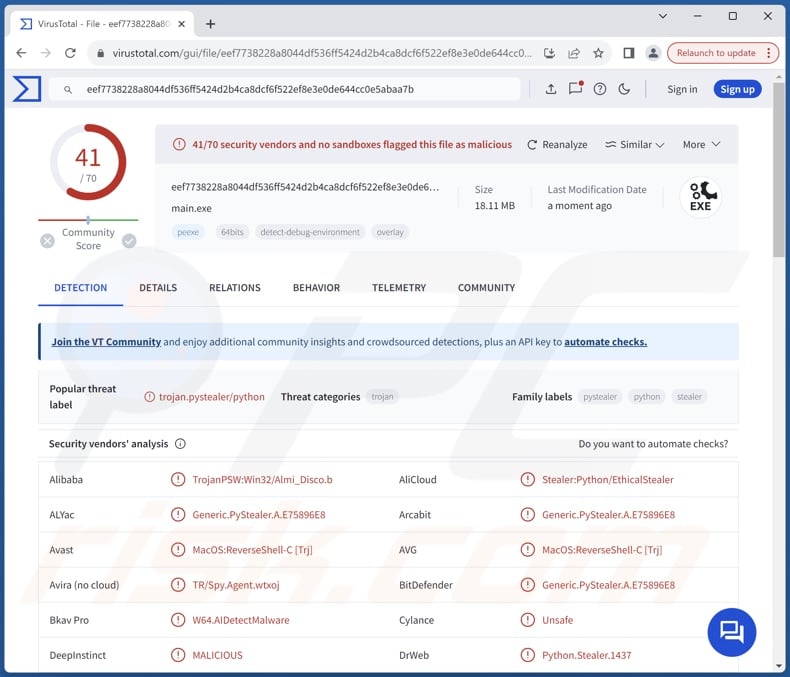 VacBan malware detections on VirusTotal