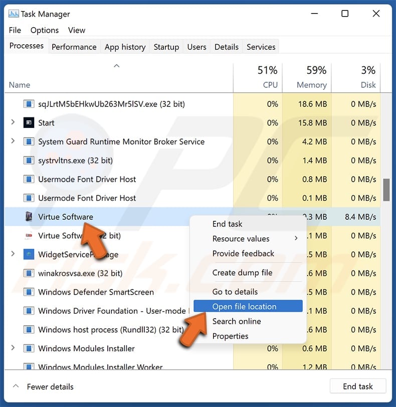 Virtue Software unwanted application removal step 1