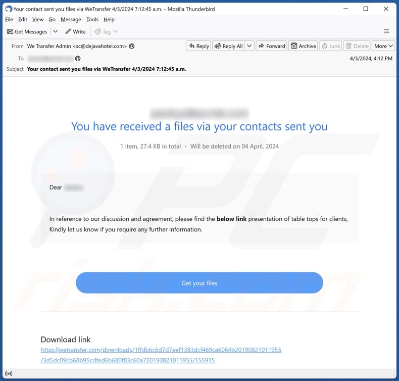 WeTransfer - You Have Received Files email spam campaign