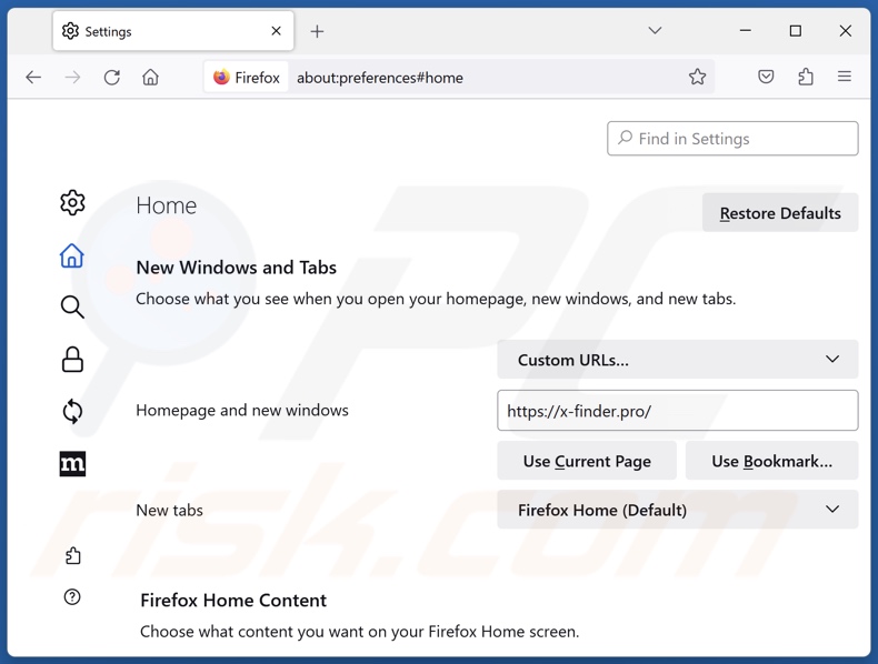 Removing x-finder.pro from Mozilla Firefox homepage