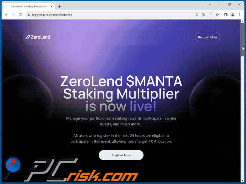 Appearance of ZeroLegend $MANTA Staking scam