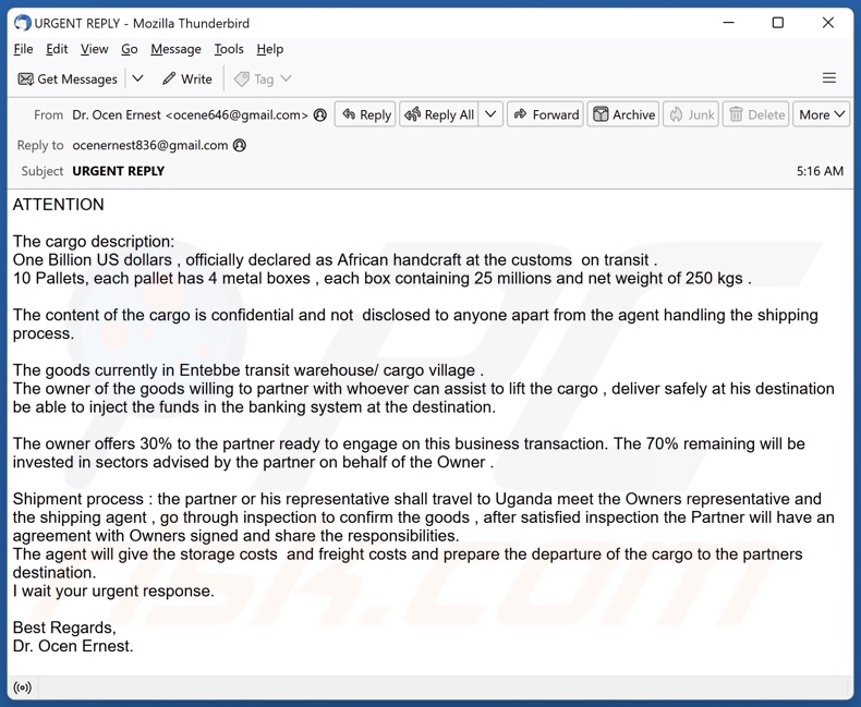Cargo Shipment email spam campaign