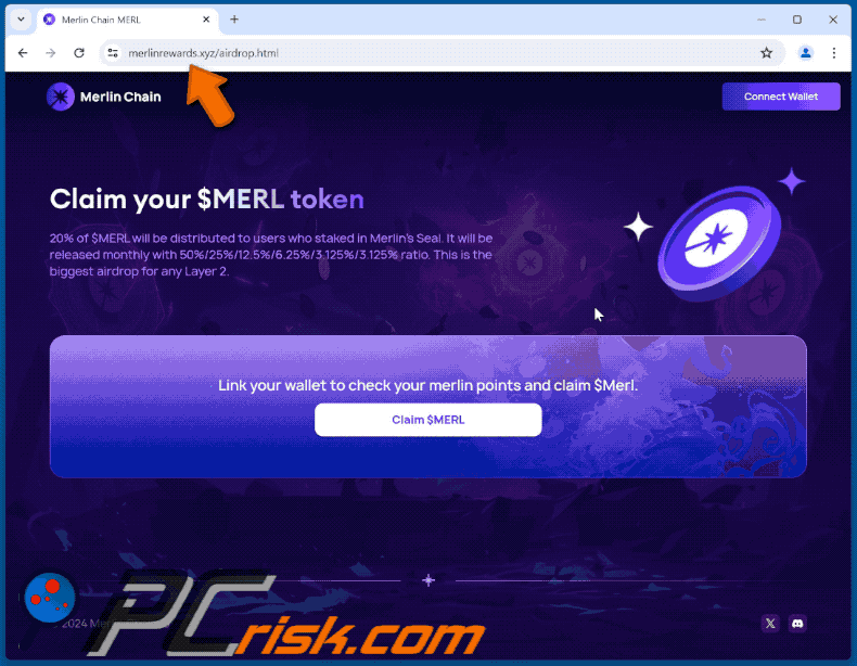 Appearance of Claim Your Merlin Chain ($MERL) Token scam (GIF)
