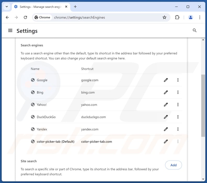 Removing color-picker-tab.com from Google Chrome default search engine