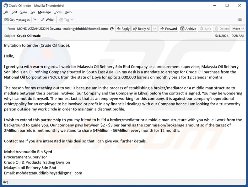 Crude Oil Trade email spam campaign