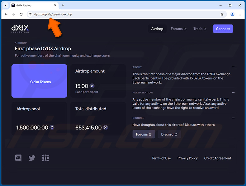 DYDX Airdrop scam website dydxdrop[.]life