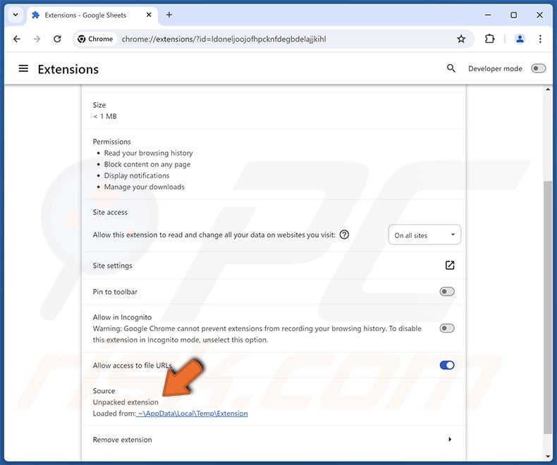 fake Google Sheets browser extension details (Chrome)