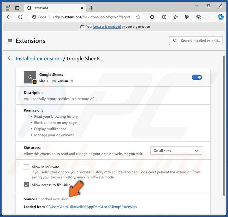 fake Google Sheets browser extension details (Edge)