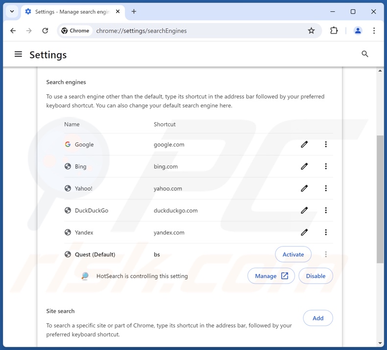 Removing hotsearch.io from Google Chrome default search engine