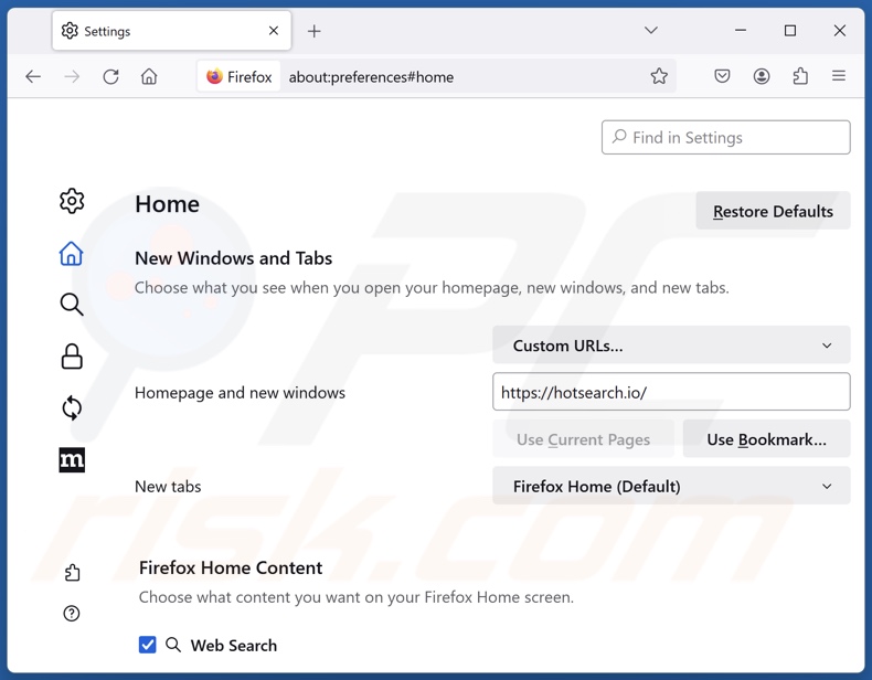 Removing hotsearch.io from Mozilla Firefox homepage