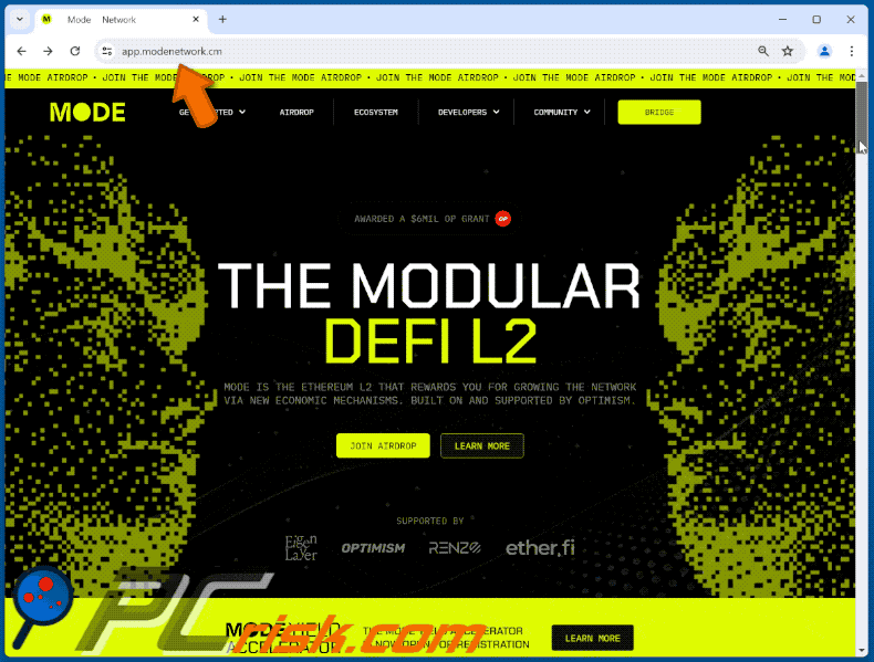 Appearance of MODE Airdrop scam