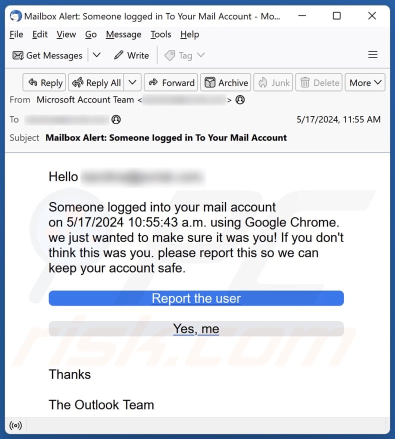 Outlook - Someone Logged Into Your Mail Account email spam campaign