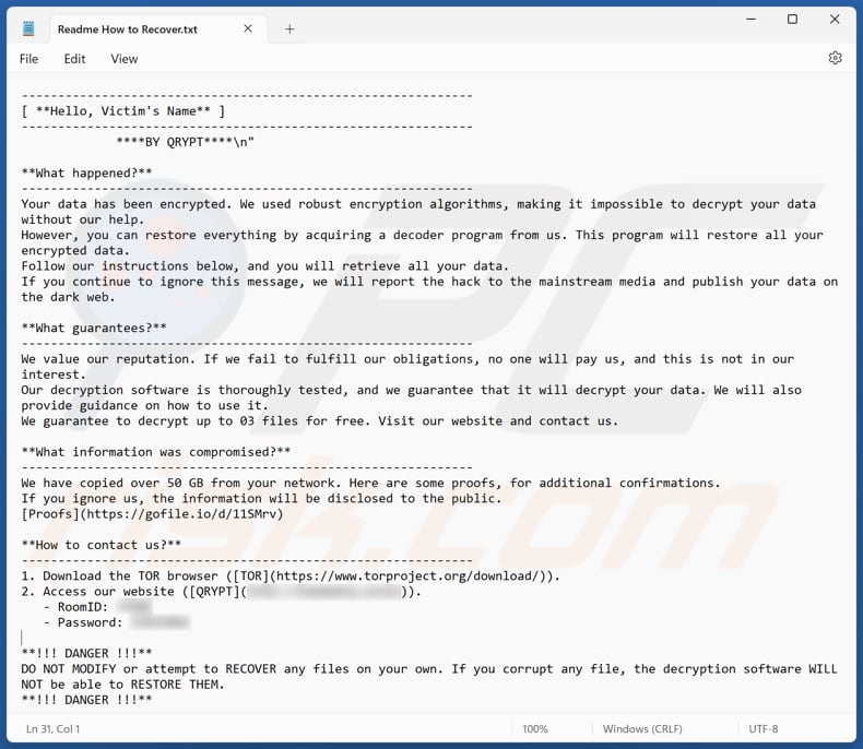 QRYPT ransomware text file (Readme How to Recover.txt)
