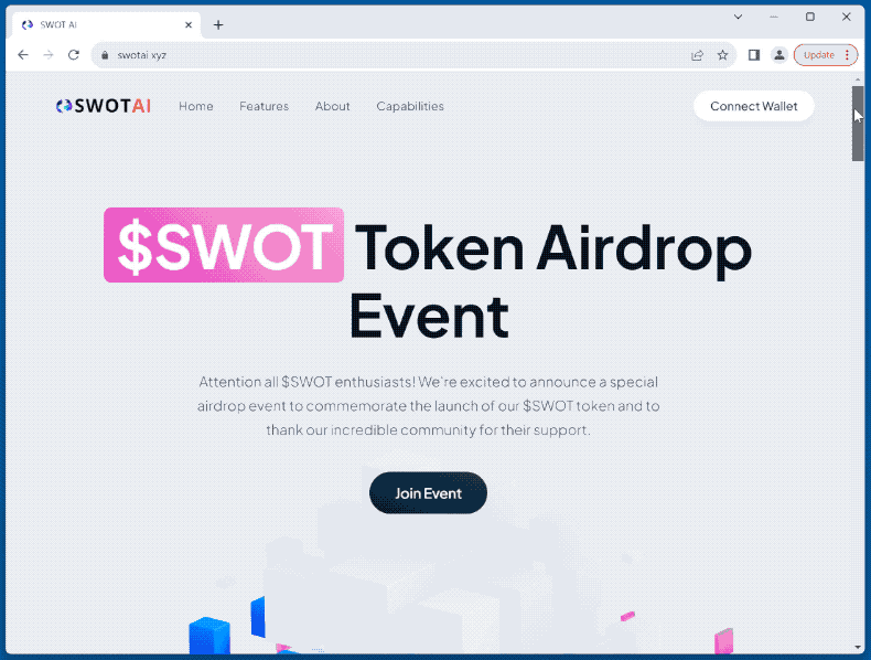Appearance of $SWOT Token Airdrop scam (GIF)