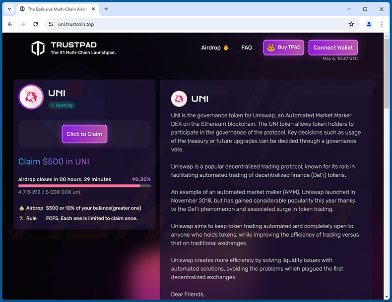Uniswap (UNI) giveaway-themed drainer website (trustcoin[.]top)